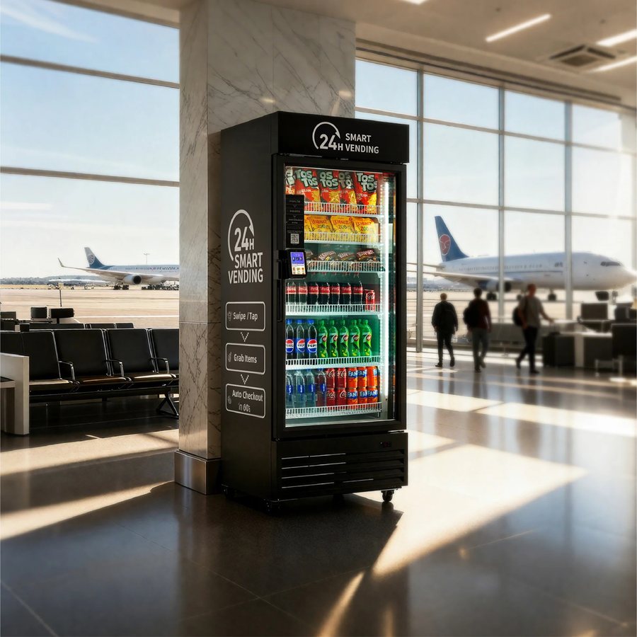 A customer taking a drink from a Valorian Vending AI smart cooler